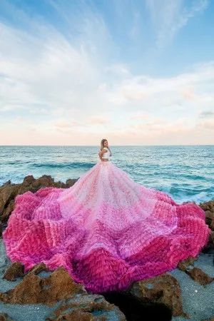 gradient fuchsia tulle ruffled train 2 piece prom gown