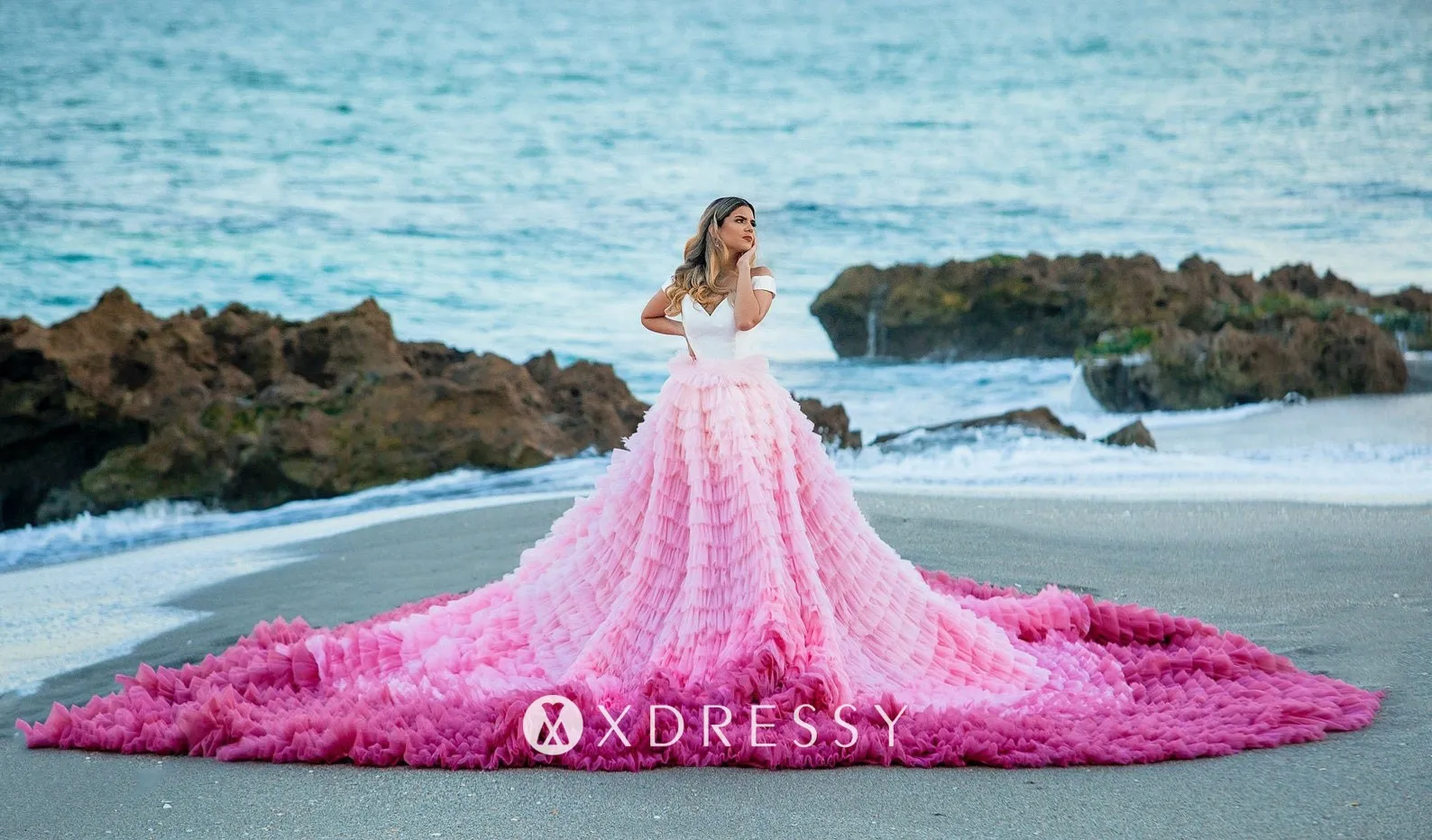 gradient fuchsia tulle v neck ruffled train two piece pageant gown gradient fuchsia tulle v neck ruffled train two piece pageant gown