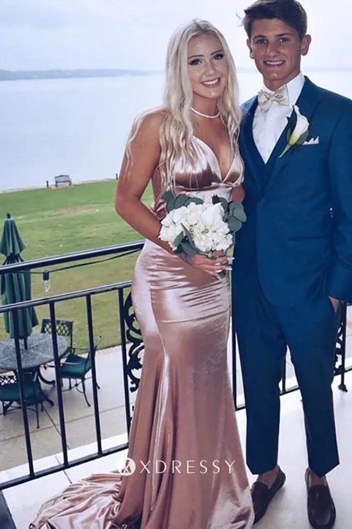 sexy spaghetti straps mermaid backless green satin engagement dress