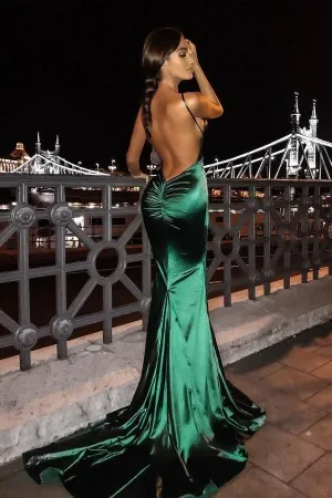 seductive green satin mermaid backless celebrity dress