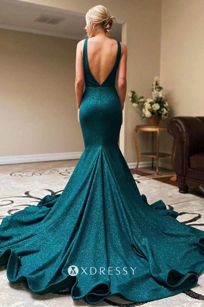 teal glitter low v back prom formal dress with flounced long train teal glitter low v back prom formal dress with flounced long train