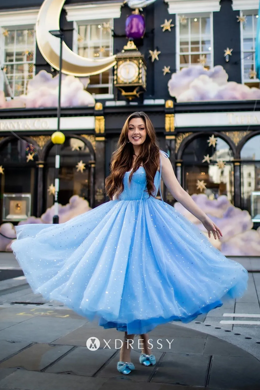 Baby Blue Starry Tulle Aline Midi Birthday Party Dress Xdressy