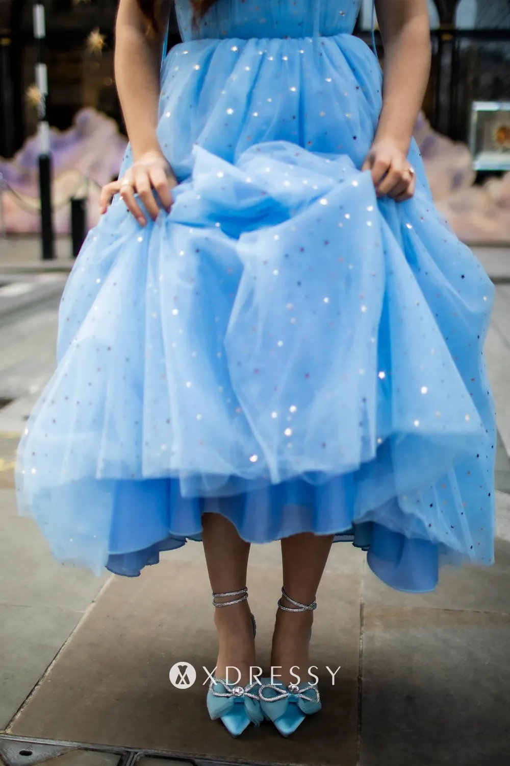 baby blue starry tulle tea length birthday party dress