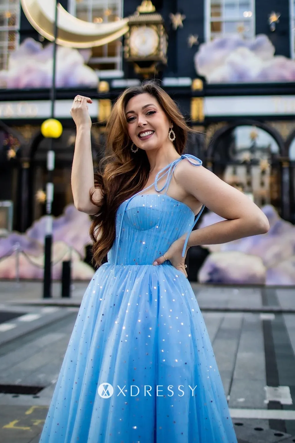 Baby Blue Starry Tulle Aline Midi Birthday Party Dress Xdressy