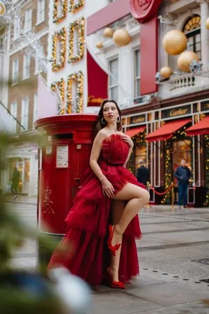 glitter ruby tulle tiered high low Christmas prom dress