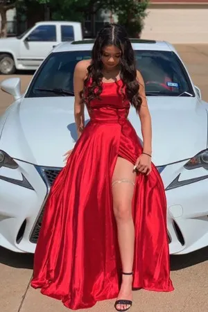 charming red satin high slit strap back evening dress
