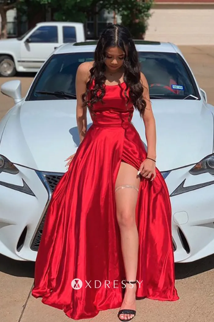 charming red satin high slit strap back evening dress charming red satin high slit strap back evening dress