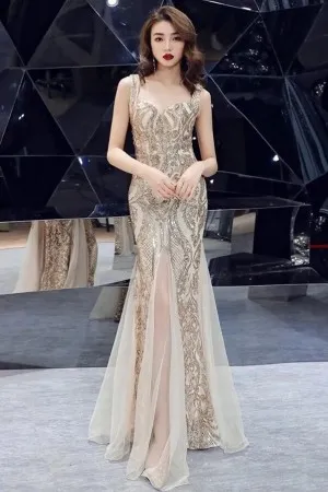 sparkly gold sequin tulle wide straps mermaid prom gown