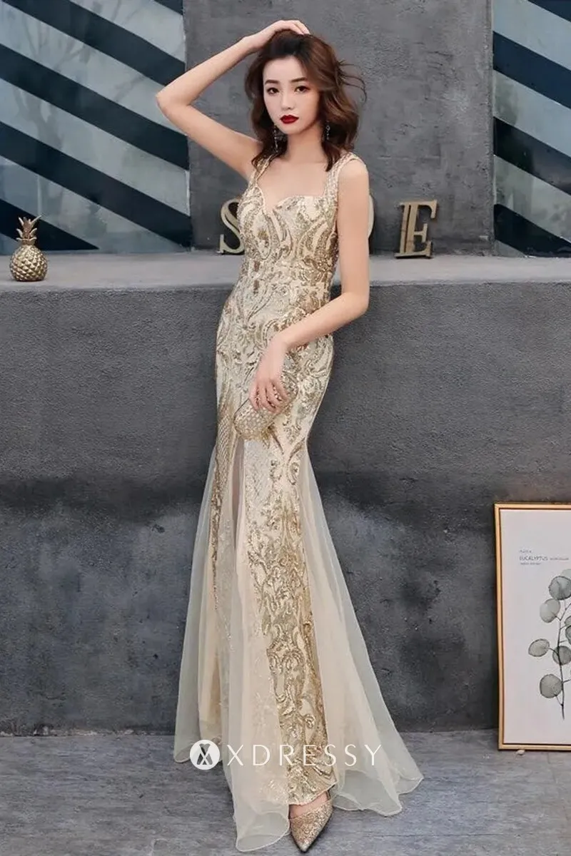sparkly gold sequin tulle wide straps mermaid prom gown sparkly gold sequin tulle wide straps mermaid prom gown