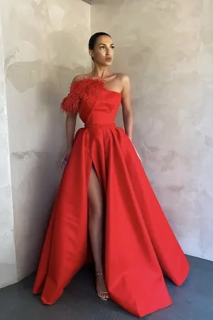 unique red feather adorned slit satin sexy prom dress