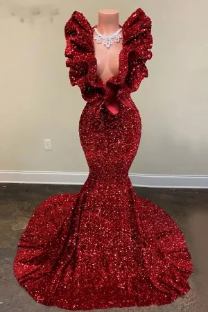 sparkly red sequin ruffled v neck mermaid prom dress