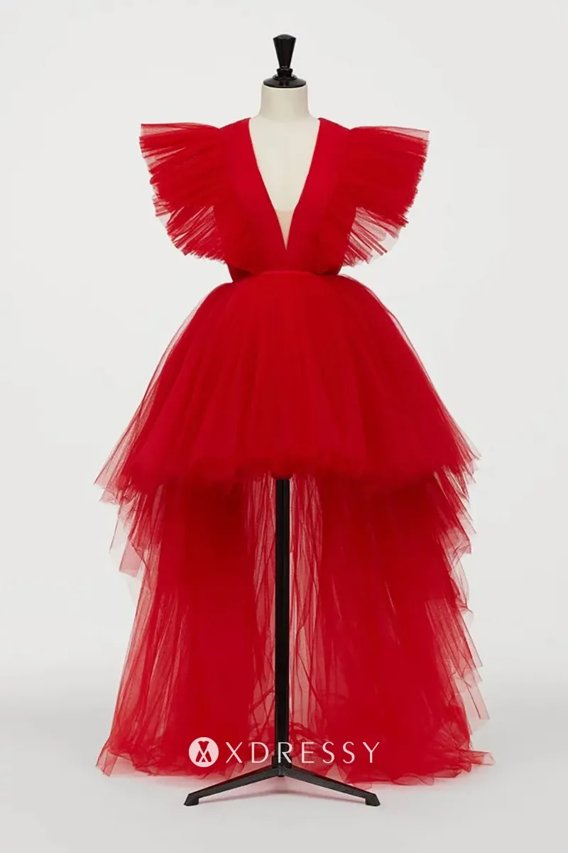 deep v neck flutter sleeve high low red tulle prom dress