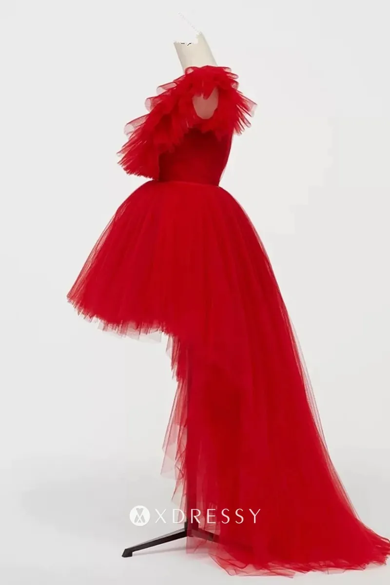 red tulle flutter sleeve high low puffy party dress