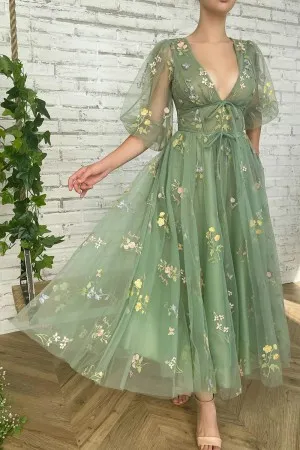 green floral tulle deep v neck ankle length prom gown