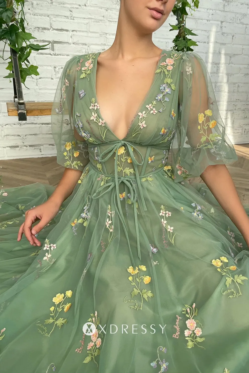 Green Floral Tulle Deep V-neck Ankle Length Prom Gown