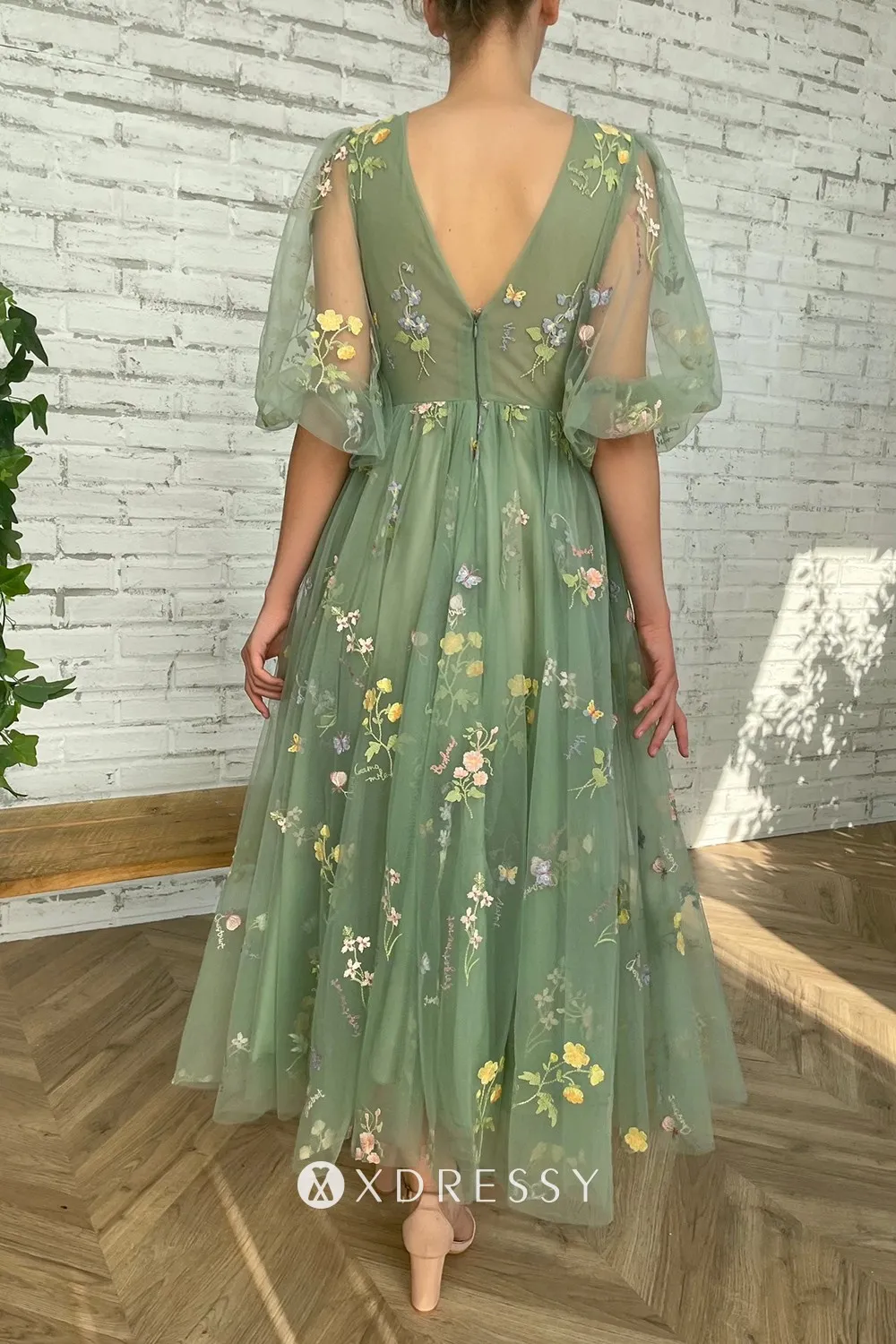green floral tulle v back maxi prom gown green floral tulle v back maxi prom gown
