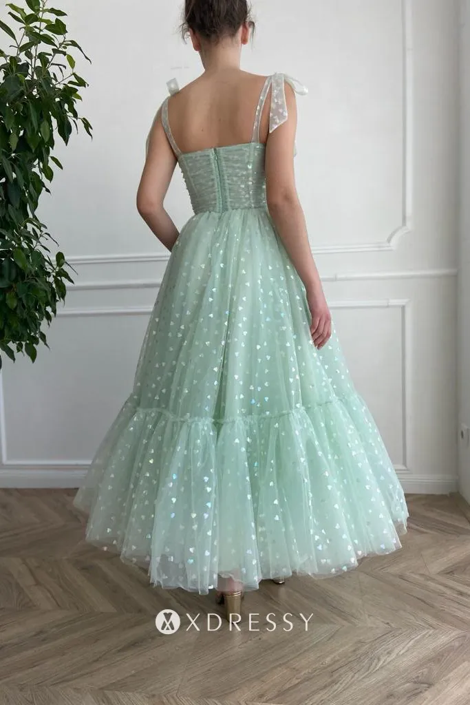 cute mint green heart tulle ankle length birthday dress