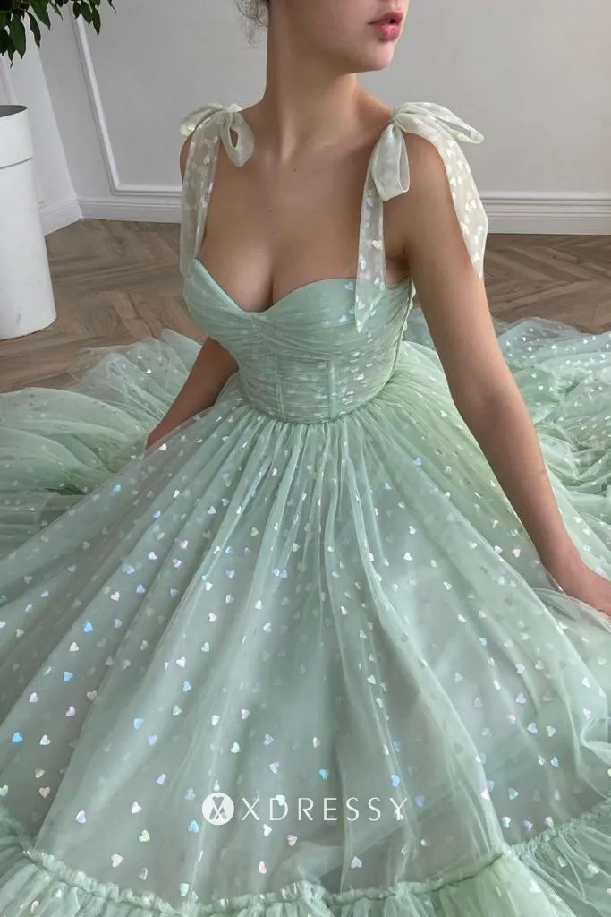 glitter mint green sweetheart neck hearty tulle straps formal dress