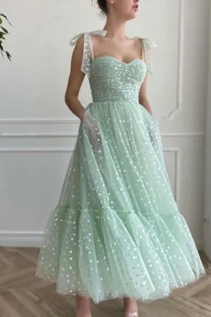 mint green heart tulle corset ankle length hoco dress