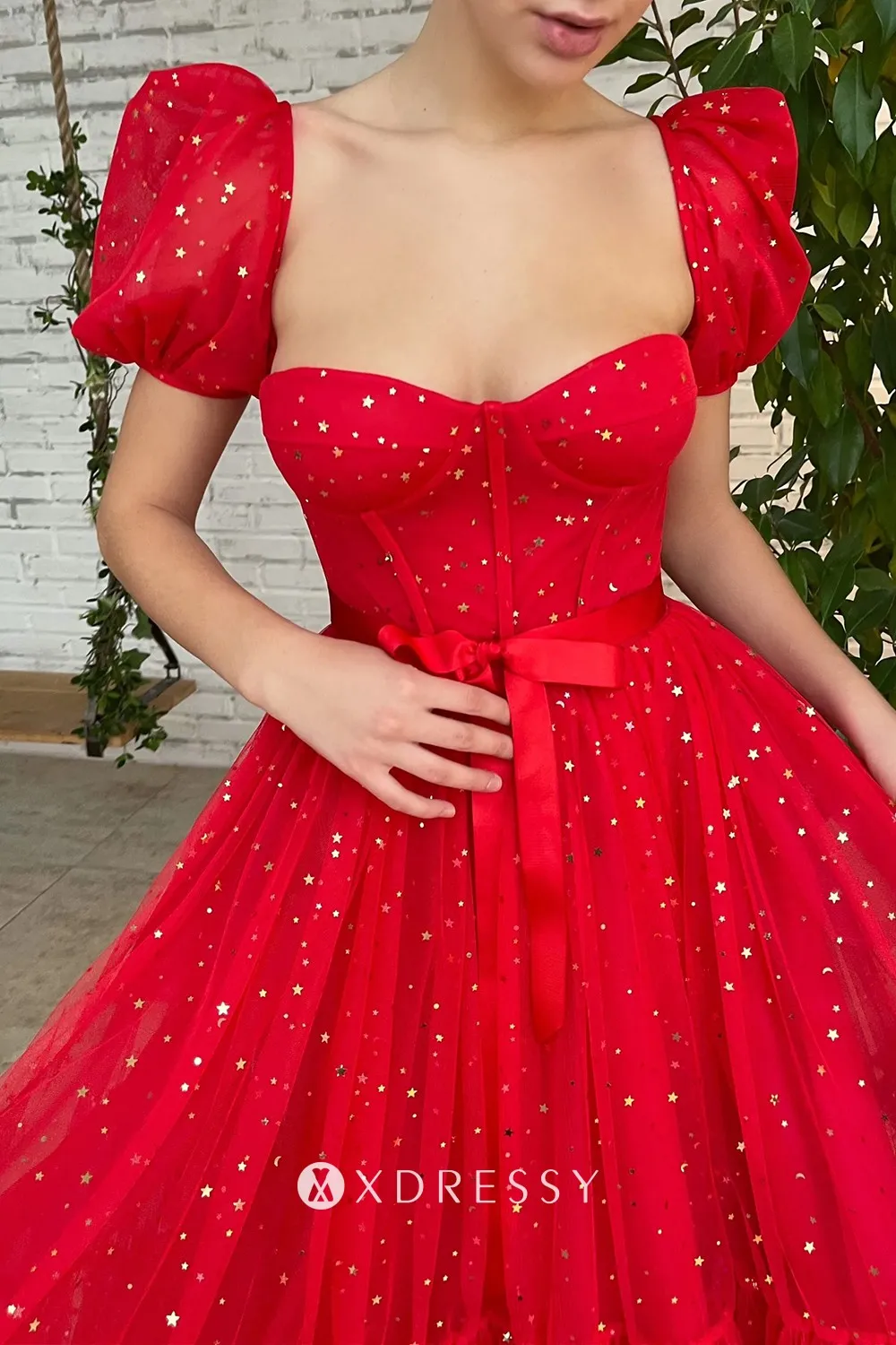 red starry tulle short sleeve sweetheart a line prom gown red starry tulle short sleeve sweetheart a line prom gown