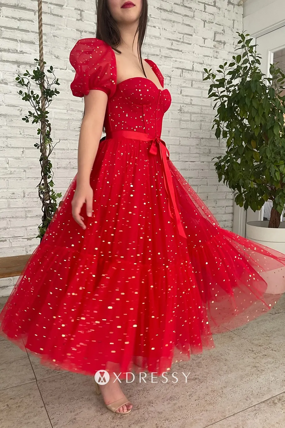 red starry tulle short sleeve sweetheart neck a line midi prom gown red starry tulle short sleeve sweetheart neck a line midi prom gown