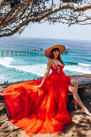 fairy flower straps red tulle a line slit formal dress