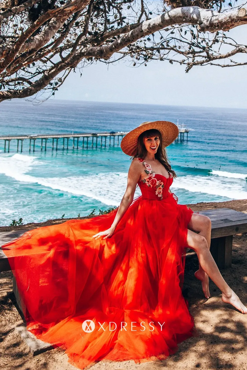 Formal Spaghetti Strap Sleeveless Red Tulle A-line Long Prom Dresses With Trailing For Party Online, OL357