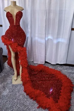 luxury sequined red mermaid prom dress with feathers