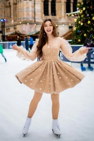 champagne long sleeve glitter stars tulle illusion neck above knee prom dress