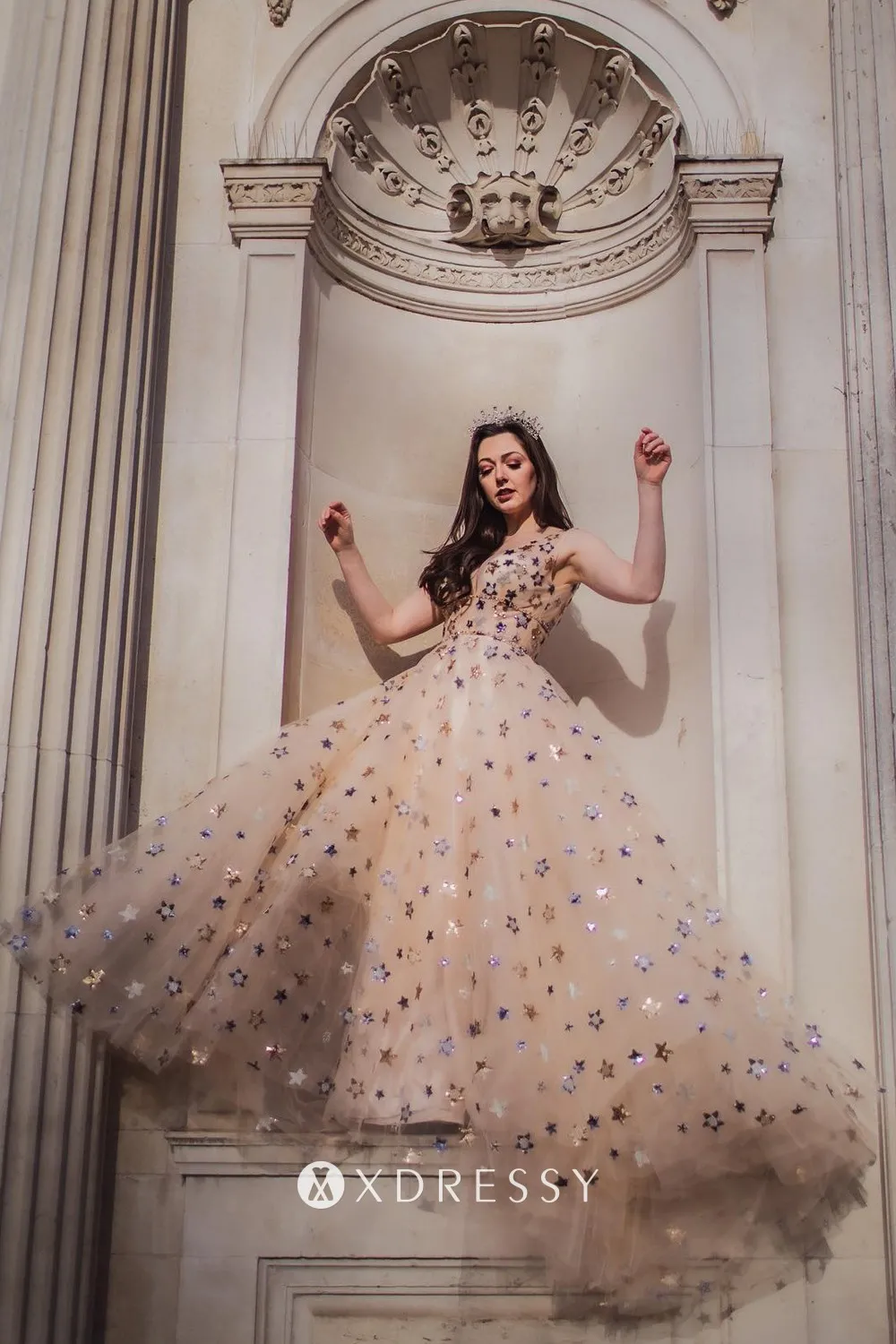 dazzling colorful star sequin champagne tulle v neck a ling long prom dress
