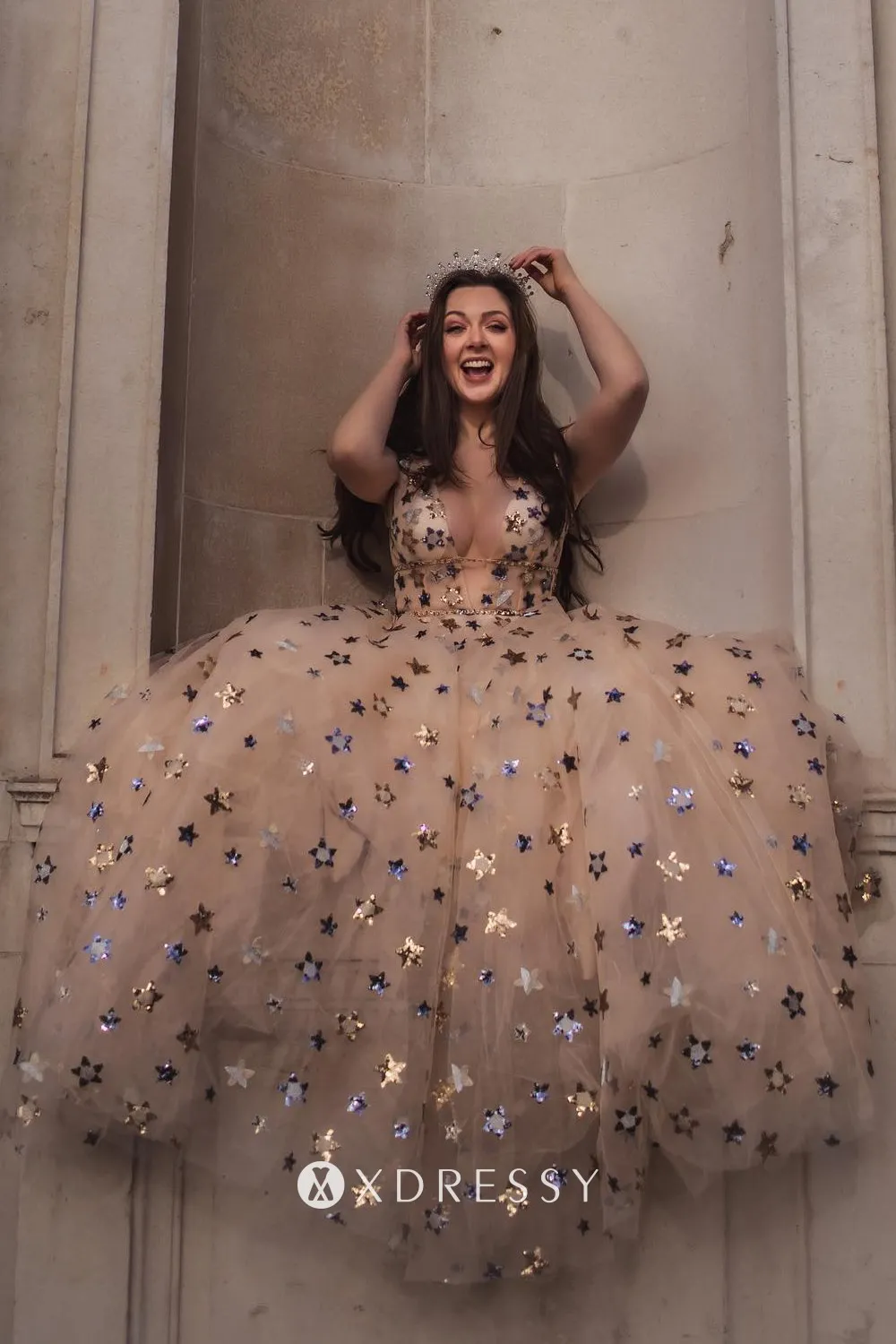 sparkly star sequin tulle v neck a line long birthday dress