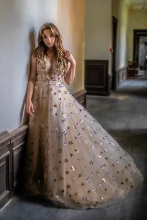 sparkly star sequin tulle v neck a line long prom dress