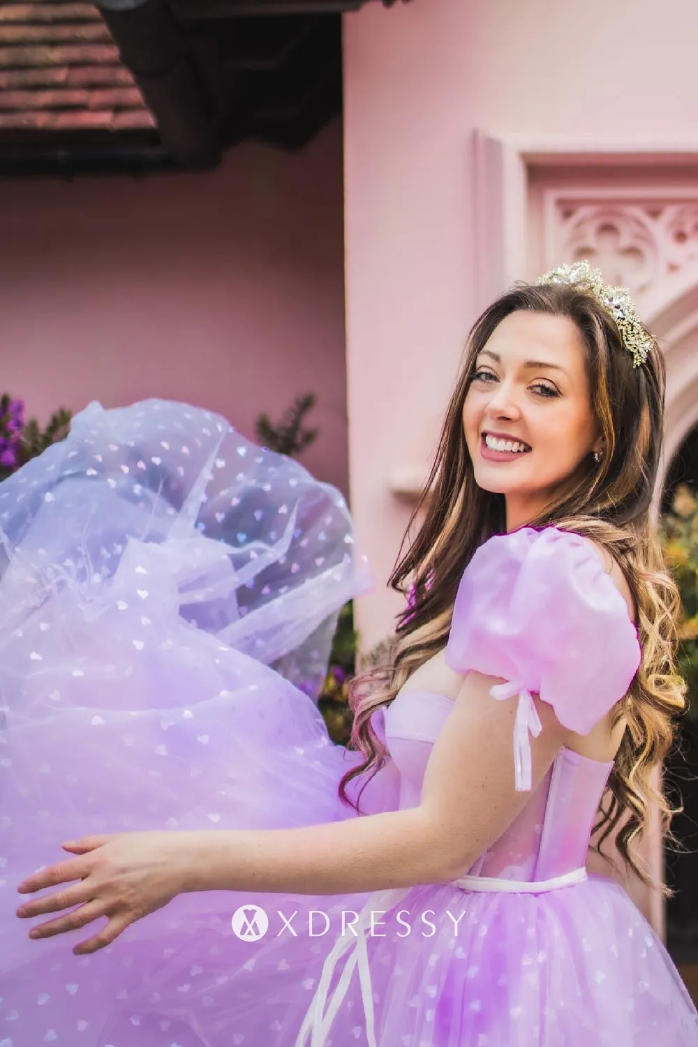 fairy glitter heart lilac tulle short bubble sleeve prom ball gown