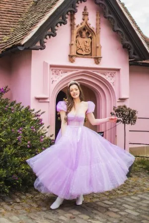 glitter heart lilac tulle bubble sleeve puffy prom gown