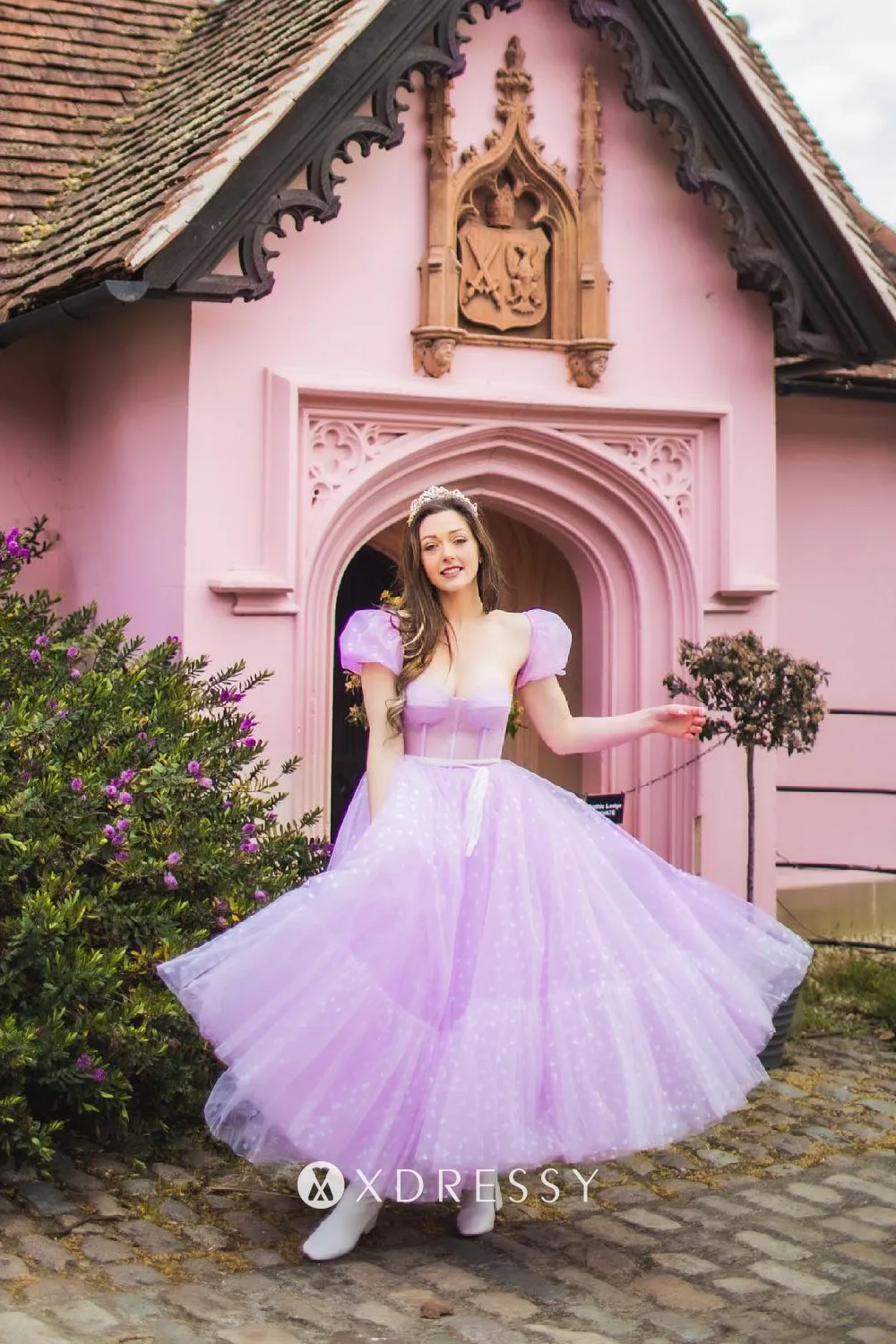glitter heart lilac tulle bubble sleeve puffy prom gown