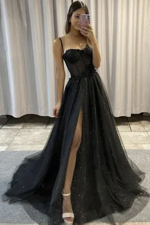 black glitter tulle lace illusion corset slit prom gown