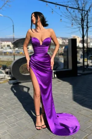 trendy purple satin sweetheart mermaid slit formal gown
