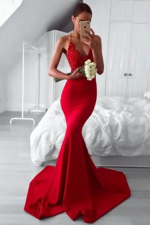 modern red satin beaded lace v neck mermaid prom dress