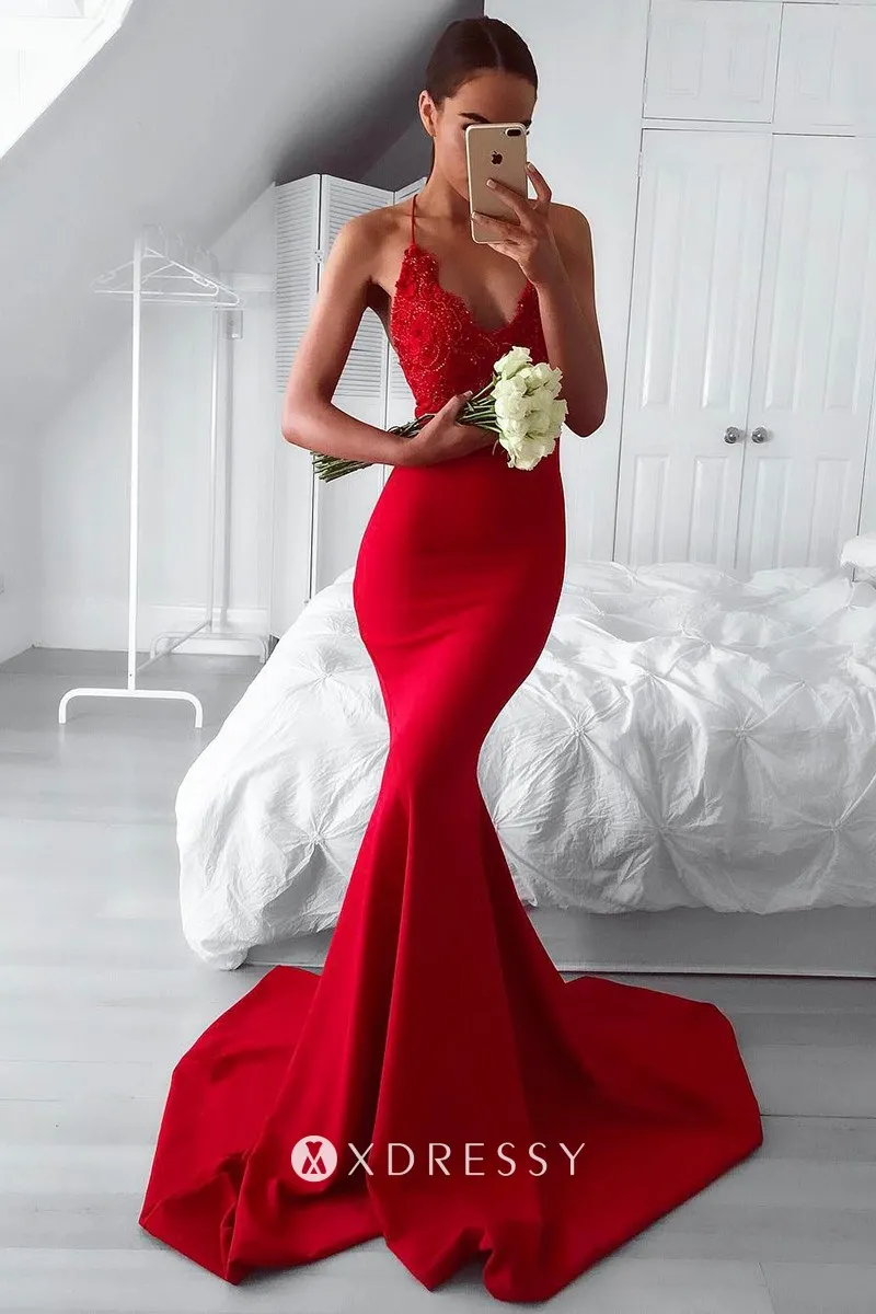 Modern Red Satin Beaded Lace Vneck Mermaid Prom Dress Xdressy