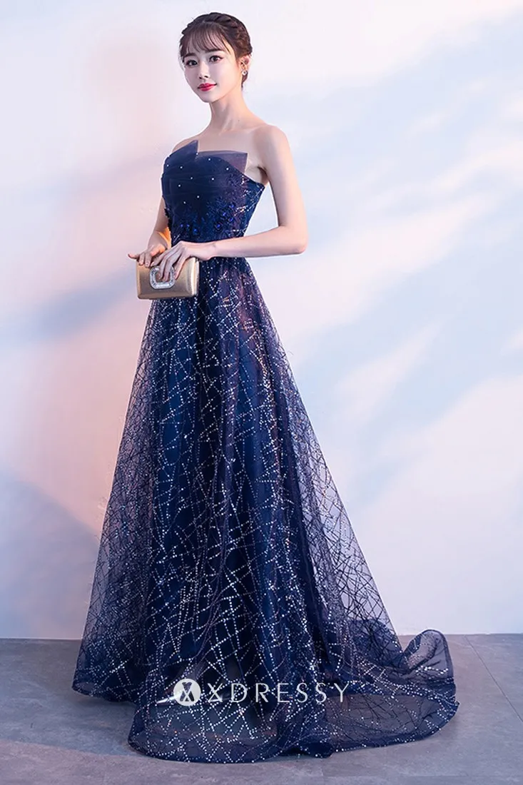 navy blue glitter tulle strapless a line floor length prom gown navy blue glitter tulle strapless a line floor length prom gown