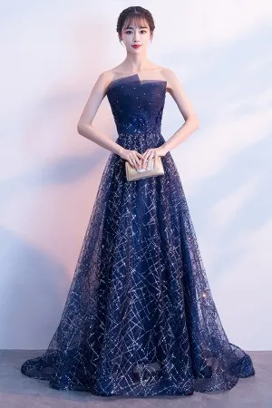 sparkle sequinned navy mesh a line birthday party dress