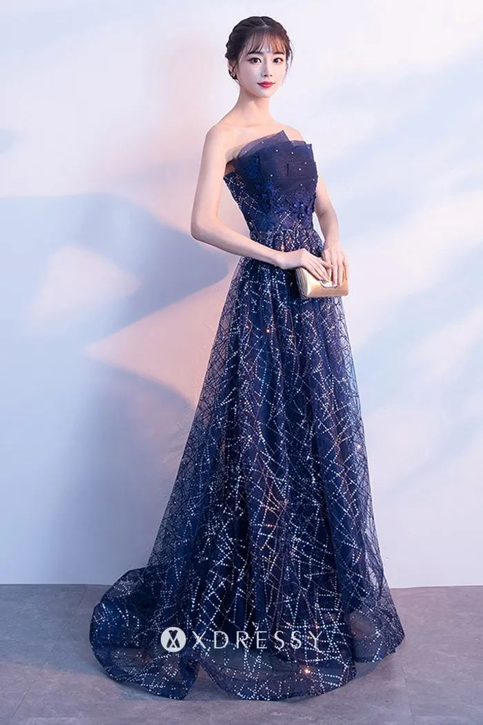 sparkly navy glitter tulle strapless a line formal gown sparkly navy glitter tulle strapless a line formal gown