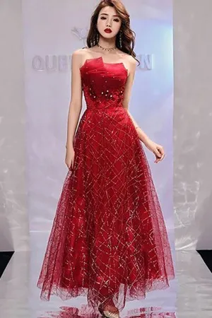 red glitter sequin lace a line ankle length formal gown