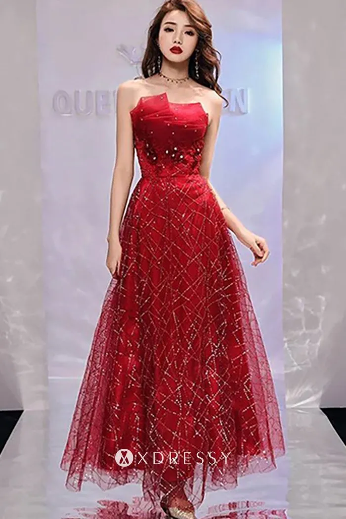 Red Glitter Sequin Lace Aline Ankle Length Formal Gown Xdressy