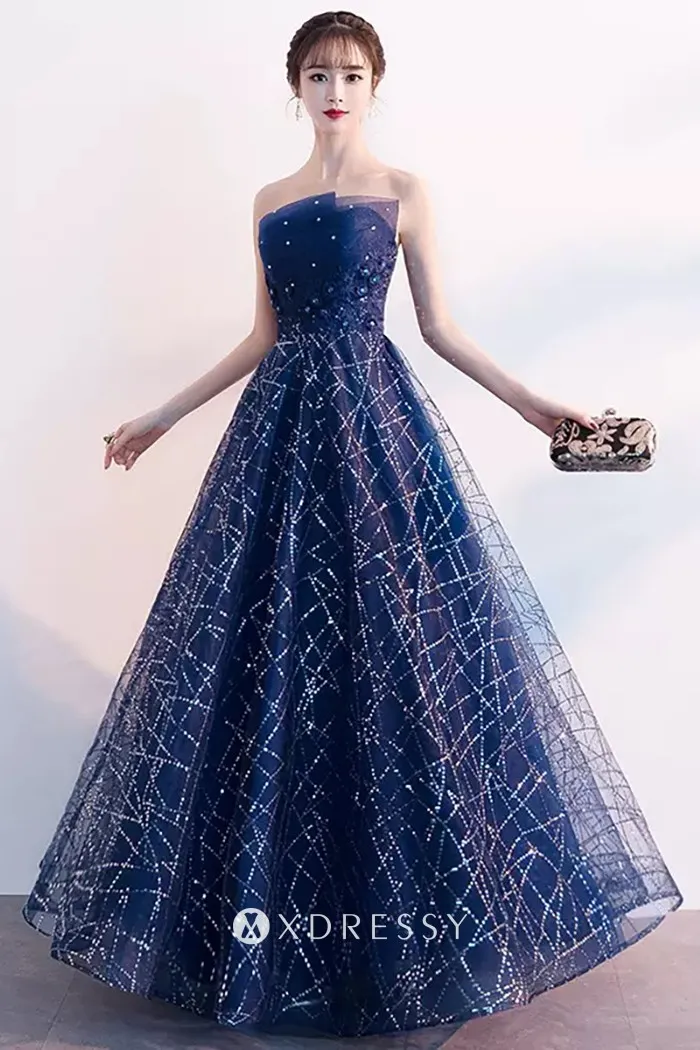 amazing navy sequin tulle strapless a line prom gown amazing navy sequin tulle strapless a line prom gown