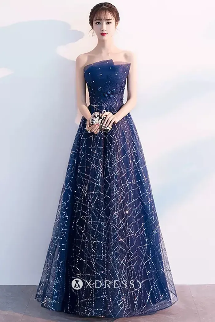 navy blue sequin tulle strapless a line long party gown navy blue sequin tulle strapless a line long party gown
