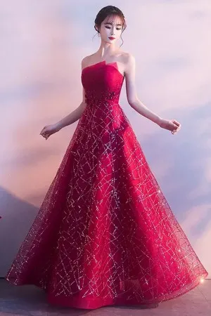 shimmering red sequinned tulle a line long party dress