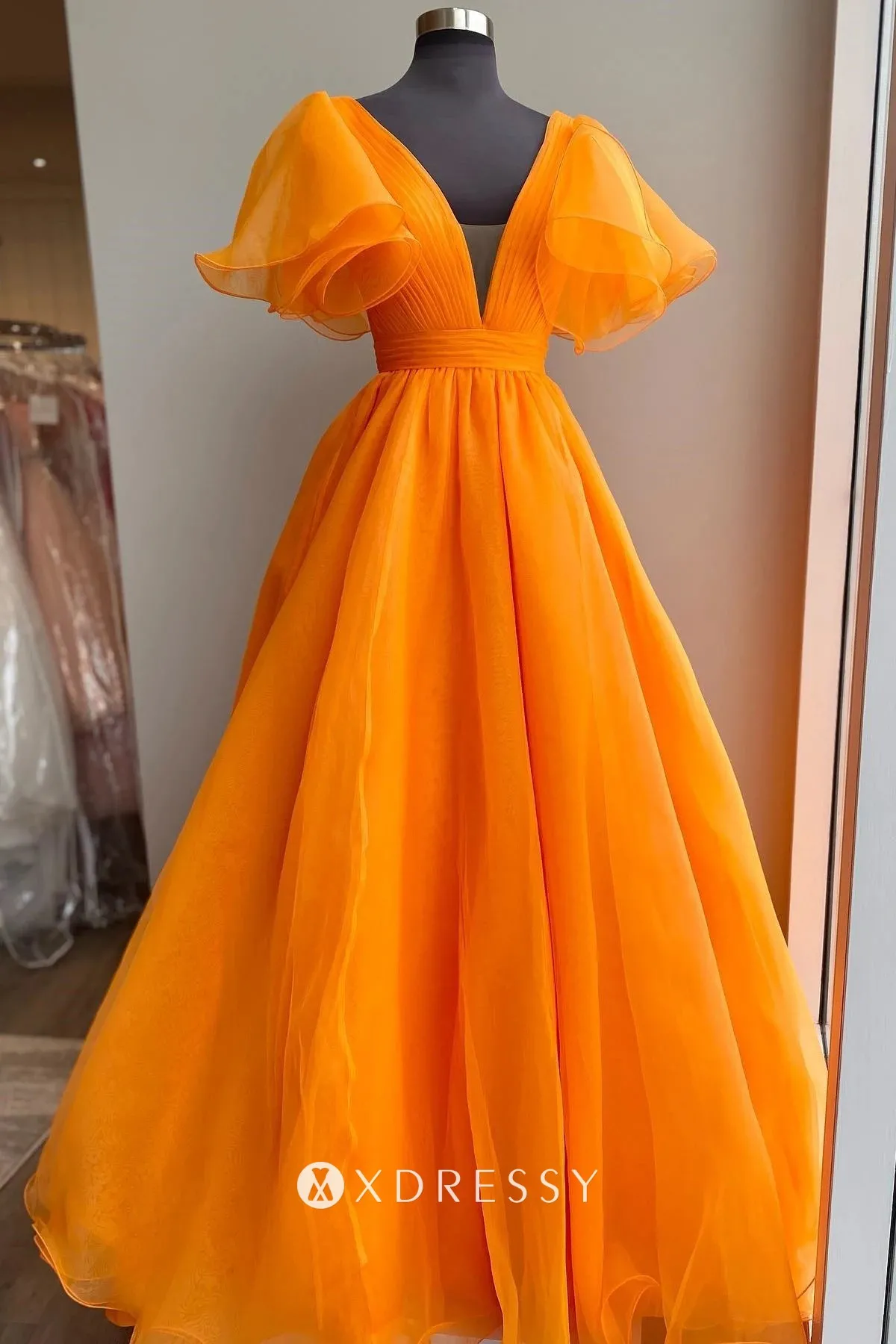 orange organza v neck short flutter sleeve puffy formal gown orange organza v neck short flutter sleeve puffy formal gown