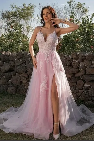 gorgeous v neck pink lace applique tulle slit prom gown