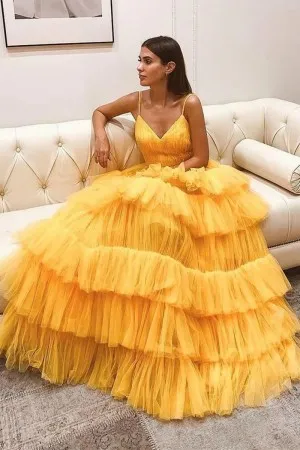 stunning v neck backless layered yellow prom dress